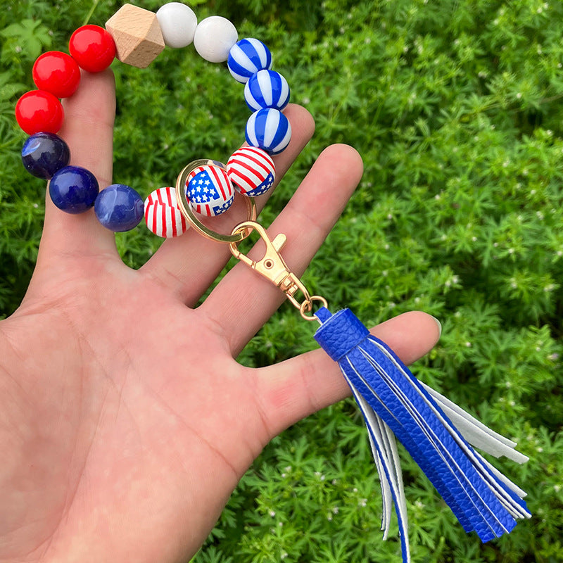 Wholesale Independence Day Wooden Beads Beaded Wrist Keychain